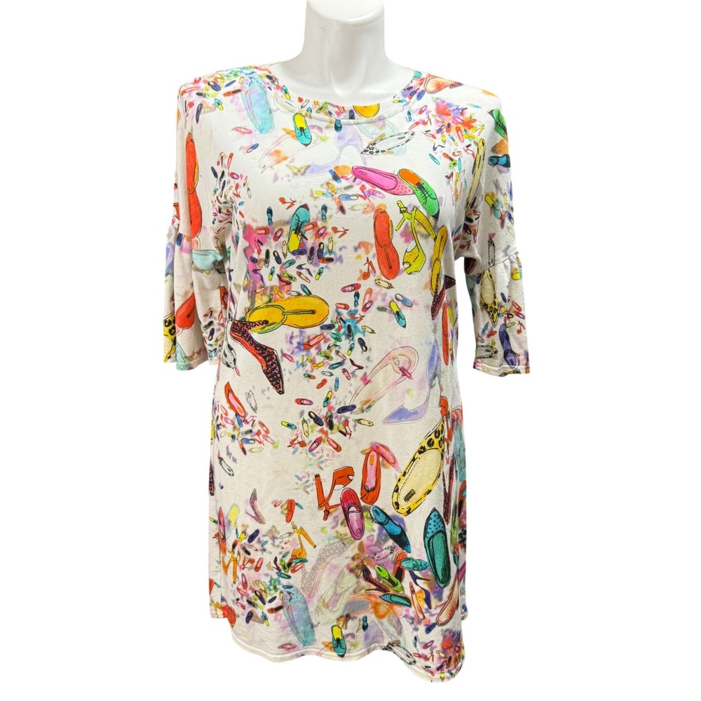 Uncle Frank Women Multi Color Shoe Print Bell Sleeve Shift Dress Large Made USA